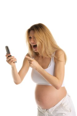 Angry pregnant woman with mobile phone clipart