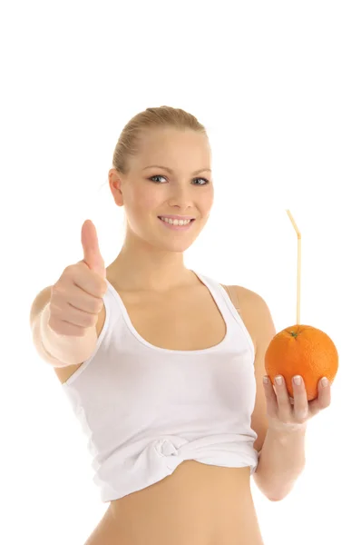 Happy woman holding orange with straw — Stock Photo, Image