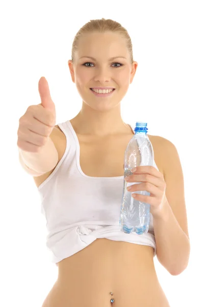 Ευχαριστημένος γυναίκα, κρατώντας ένα μπουκάλι νερό — Φωτογραφία Αρχείου