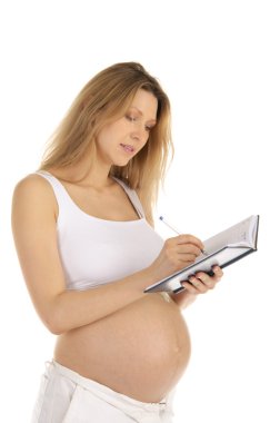 Pregnant woman down in a notebook clipart