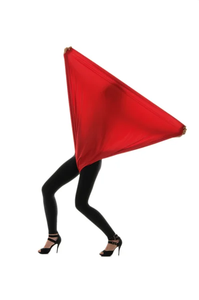 Woman in black tights with a red cloth — Stock Photo, Image