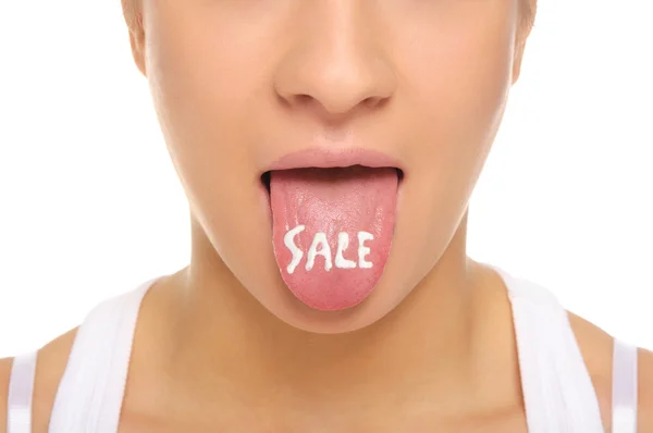 Női nyelvet, amit mond "eladó" — Stock Fotó