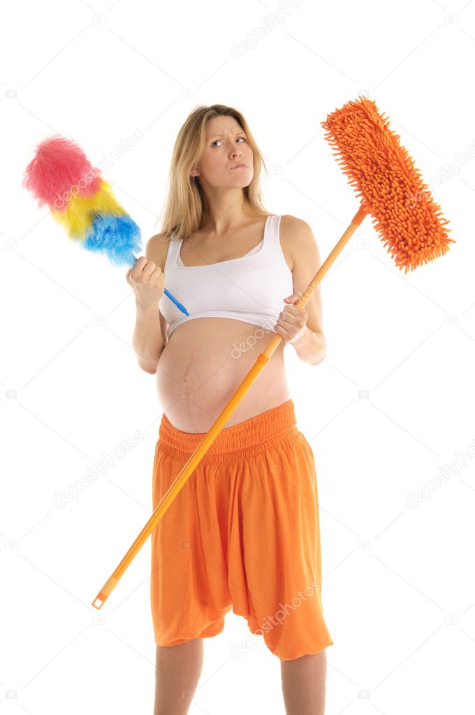 Astonished at the pregnant woman with a mop