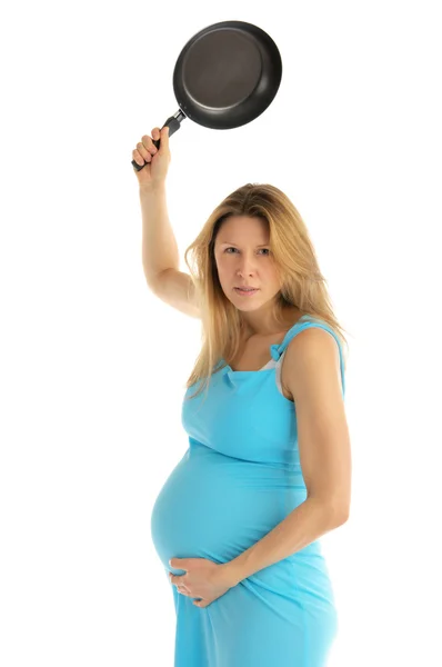 Mulher grávida com raiva com frigideira — Fotografia de Stock