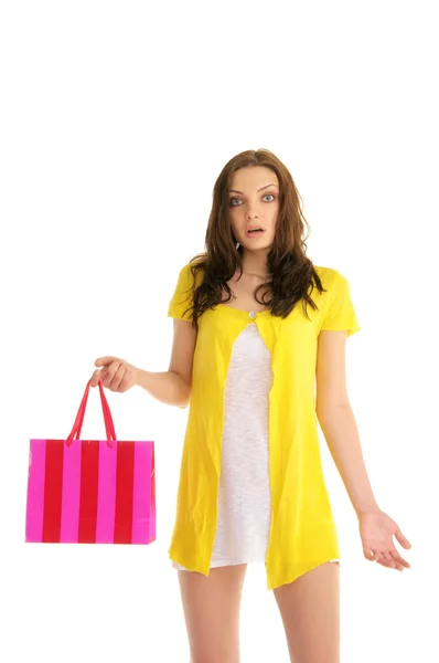 Zaskoczony, kobieta z torbą na zakupy — Zdjęcie stockowe