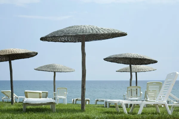 Sunbeds and umbrellas on grass in the hotel area — Stock Photo, Image