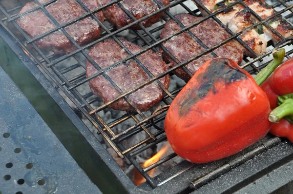 烤新鲜的肉和 Pepers 上户外烧烤 — 图库照片