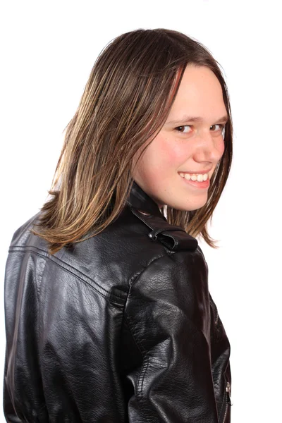 Teen girl in leather jacket — Stock Photo, Image