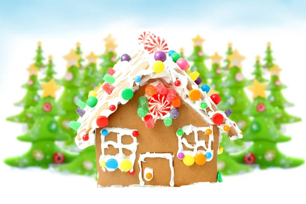 Christmas trees and gingerbread house — Stock Photo, Image
