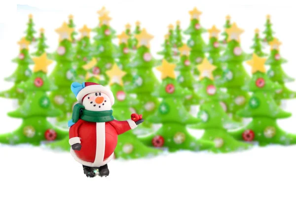 Christmas trees and snowman — Stock Photo, Image
