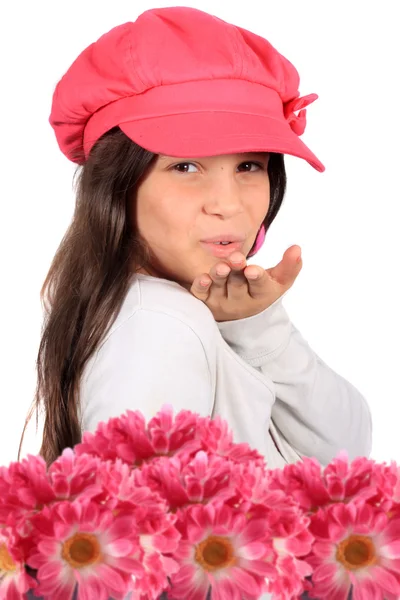 Blowing kiss and flowers — Stock Photo, Image