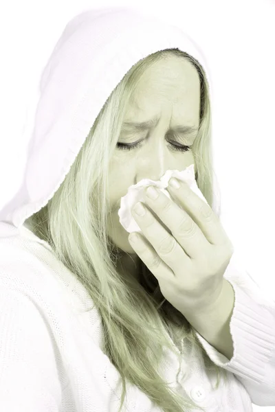 Woman with sniffles or sneezing — Stock Photo, Image