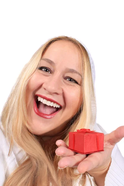 Blonde woman shows present — Stock Photo, Image
