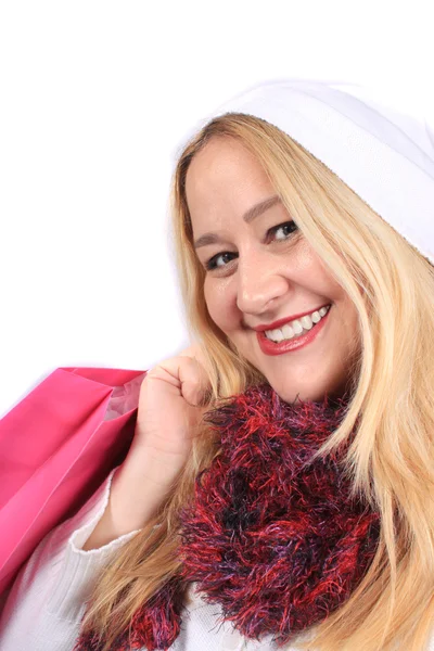 Blonďatá dáma shopper v zimě opotřebení — Stock fotografie