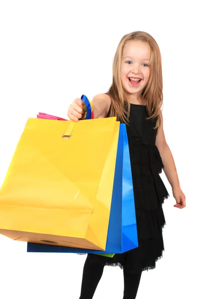 Cute Little Four Year Old Blonde Girl Holding Colorful Gift — Stock Photo, Image