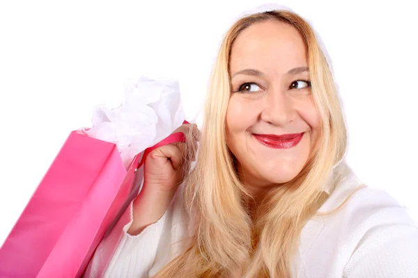 Hübsche Frau Weißem Kapuzenpullover Lächelnd Und Mit Einer Einkaufstasche Auf — Stockfoto