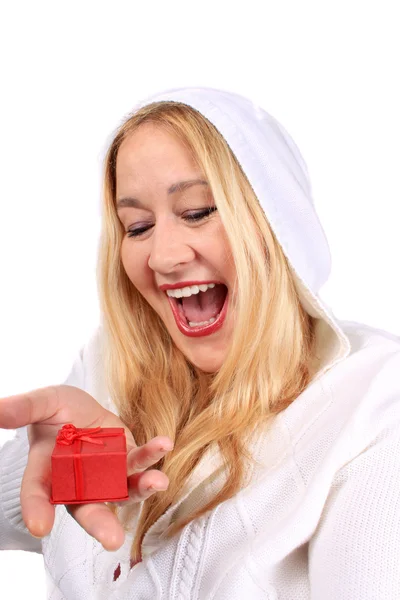 Happy Smiling Blonde Woman Showing Small Red Present Box Her — Stock Photo, Image