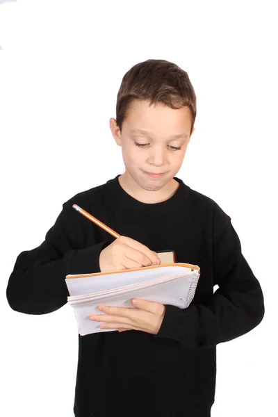 Pojken Skriver Bärbar Dator Med Blyertspenna Isolerad Vit Bakgrund — Stockfoto