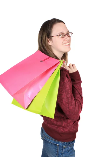 Pretty Teen Girl Glasses Shopping Bags Isolated White Background — 스톡 사진