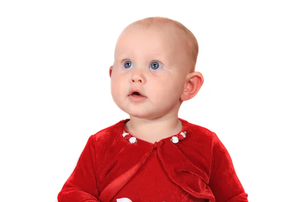 大きな青い目と見上げる白地に赤いベルベット ジャケット愛らしい ヶ月歳女児 — ストック写真