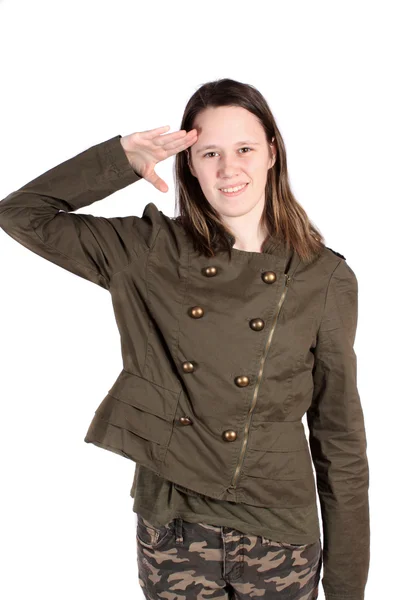 Young woman giving salute — Stock Photo, Image
