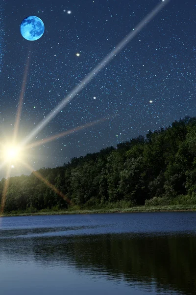 Lake ahşap gece meteor — Stok fotoğraf