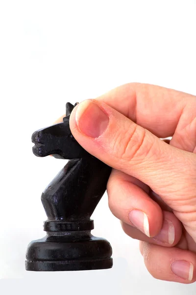 Шахматная лошадь, рука женщины — стоковое фото