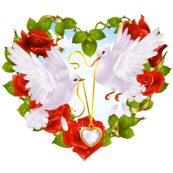 Guirlande rose en forme de coeur et colombe couple — Image vectorielle