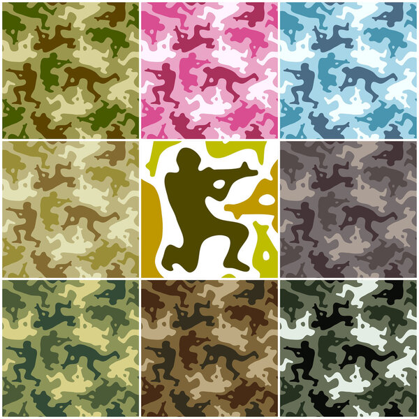 Camouflage set. Spots in the shape of men with weapons