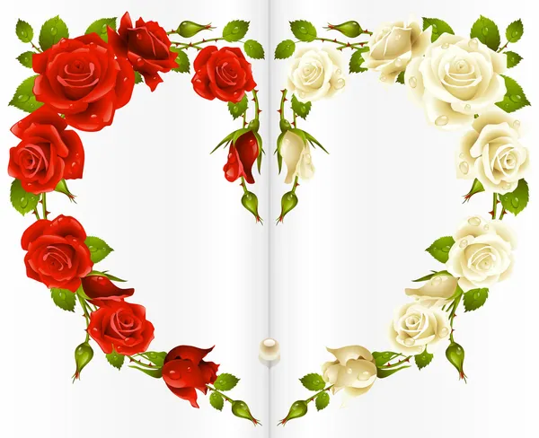Červené a bílé růže rám ve tvaru srdce — Stockový vektor