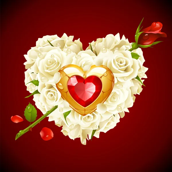 Κόκκινα τριαντάφυλλα και χρυσό κόσμημα σε σχήμα καρδιάς με βέλος — Διανυσματικό Αρχείο