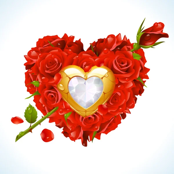 Röda rosor och guld juvelen i form av hjärta med pil — Stock vektor