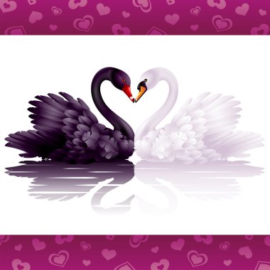 Two graceful swans in love: black-and-white heart clipart