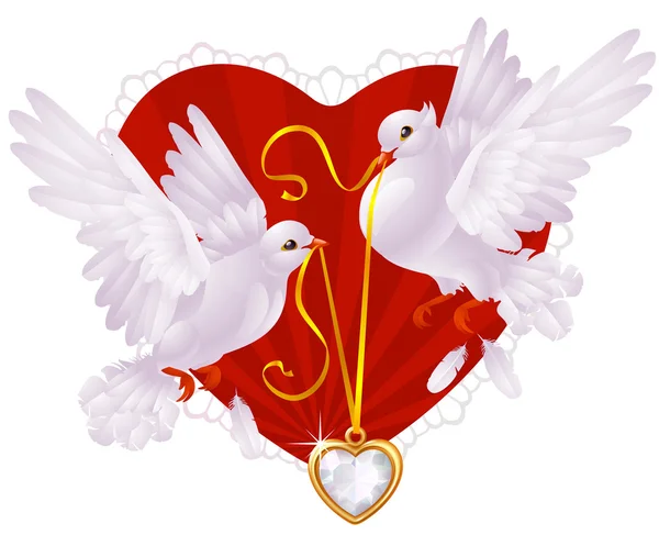İki beyaz güvercin ve altın kalp — Stok Vektör