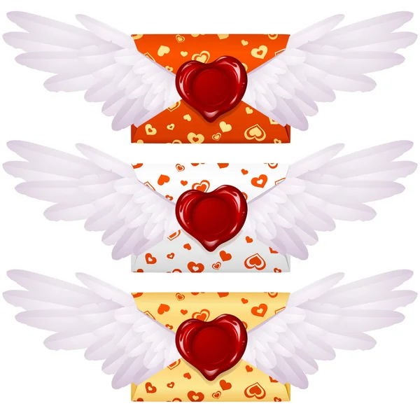 Lettre d'amour avec ailes et sceau de cire en forme de coeur — Image vectorielle