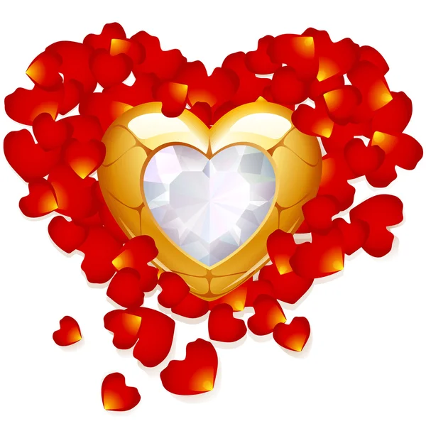 Altın kalp ve gül yaprağı tebrik kartı — Stok Vektör