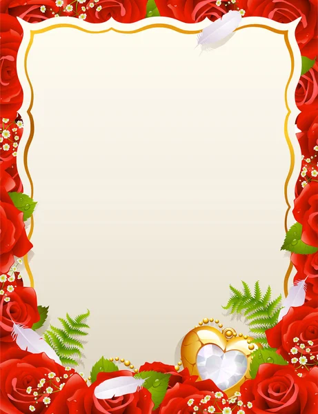 Вітальна листівка з трояндами, пір'ям і прикрасами у формі серця — стоковий вектор