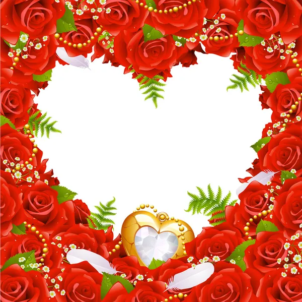 Tarjeta de felicitación con rosas, plumas y joyas en forma de corazón — Vector de stock