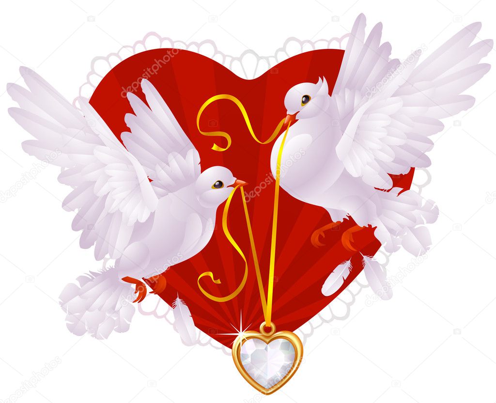 Two white pigeons and golden heart