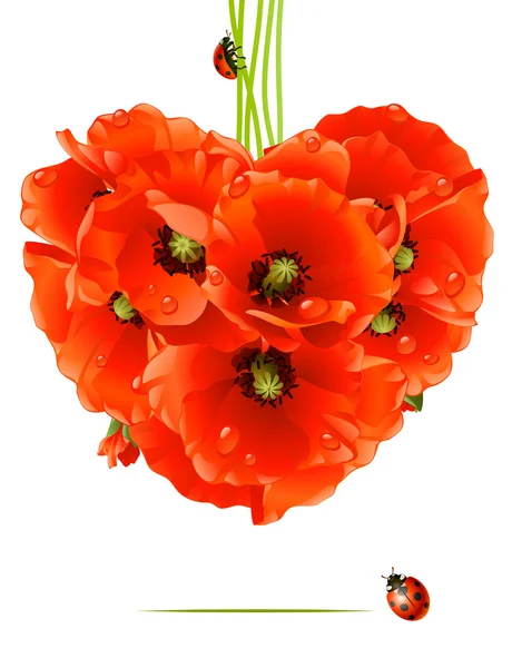 Tarjeta de amor floral (corazón de amapola) — Vector de stock
