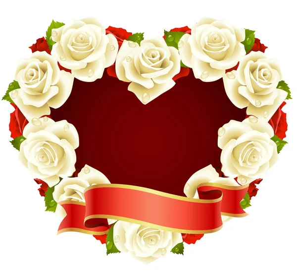 Vector witte roos frame in de vorm van hart — Stockvector