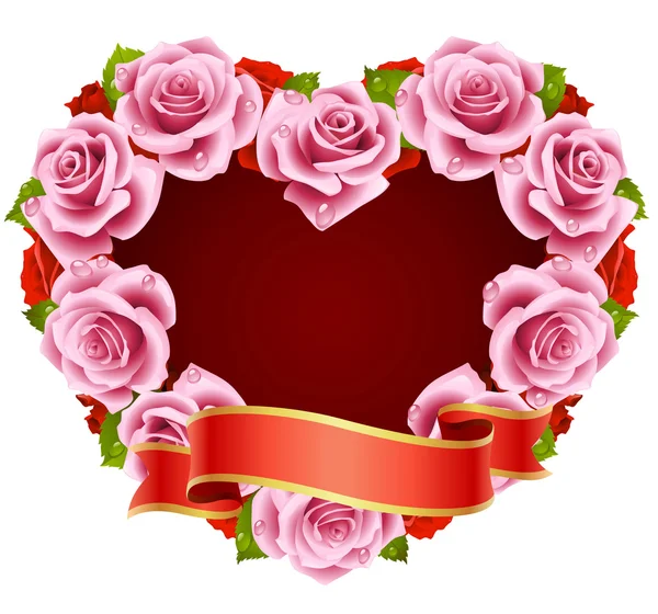 Vector roze roos frame in de vorm van hart — Stockvector