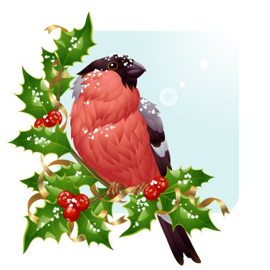 Christmas greeting card. Vector bullfinch and holly clipart