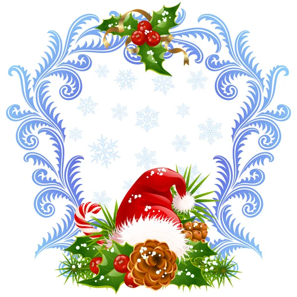 Tarjeta de felicitación de Navidad y Año Nuevo 4. Sombrero de Santa, bastón de caramelo y acebo — Vector de stock
