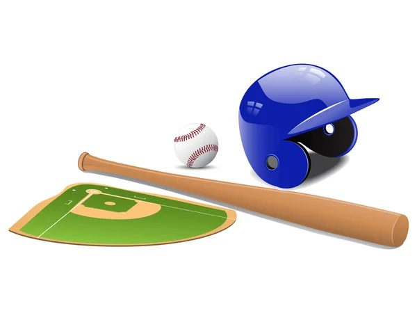 Campo de béisbol, pelota y accesorios — Vector de stock