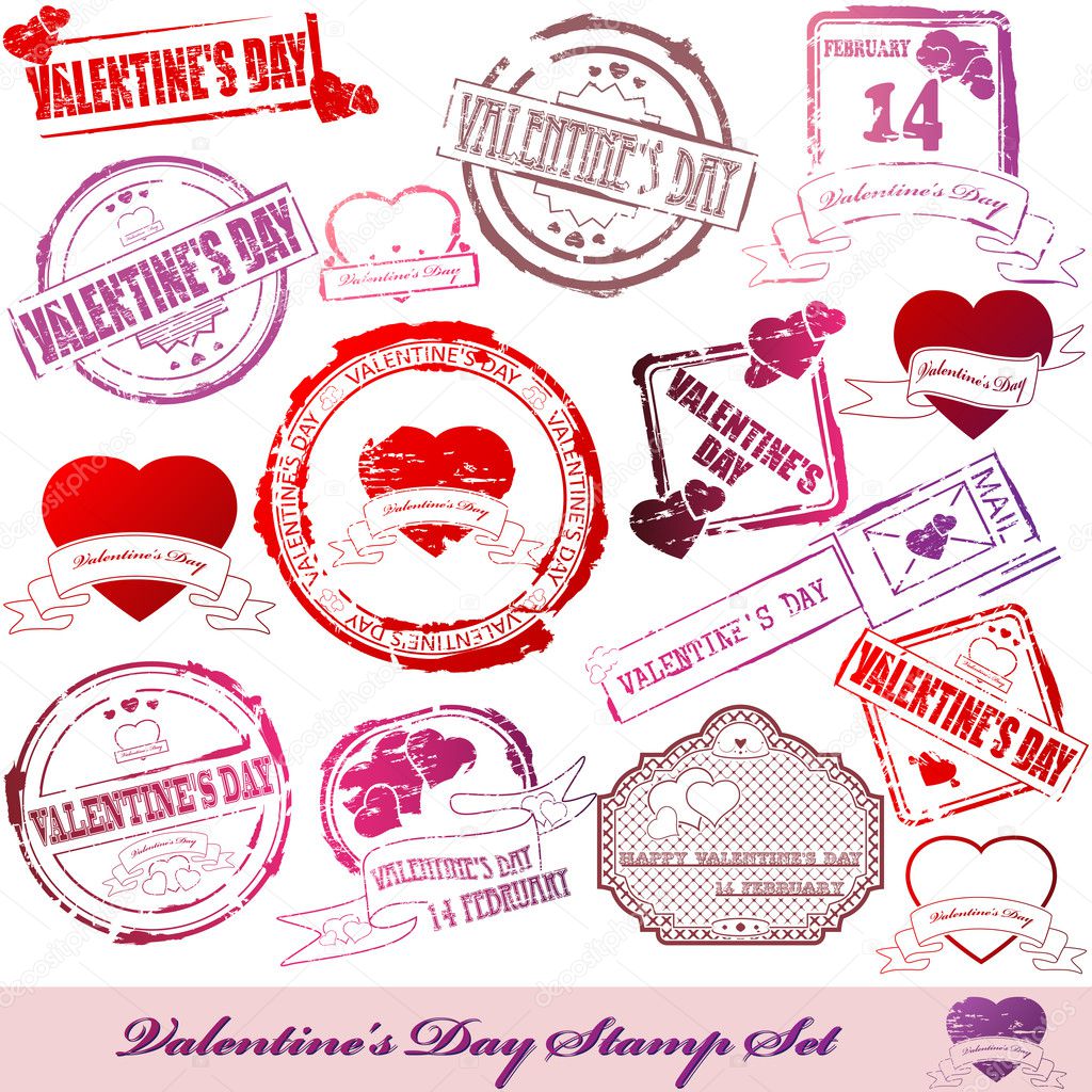 Set of red rubber stamps for Valentine’s Day. Vector illustration