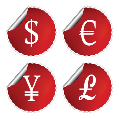 Red labels with international currency symbols clipart