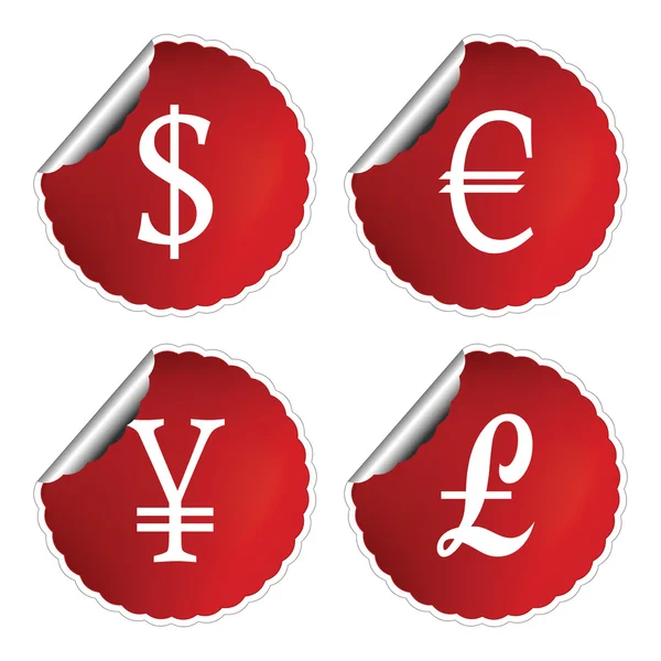 Rote Etiketten mit internationalen Währungssymbolen — Stockvektor