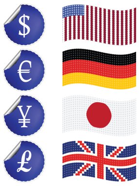 International currency labels with flags clipart