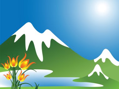 Mountain landscape with lake and flowers, abstract vector art illustration clipart